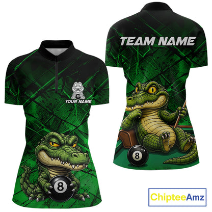 Funny crocodile 8 ball billiard 1/4-zip shirt for men green grunge pool jersey