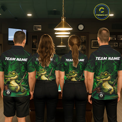 Funny Crocodile 8 Ball Pool Billiard Shirts For Men Custom Green Grunge Billiard Polo & 1/4-Zip Jersey NYN3313