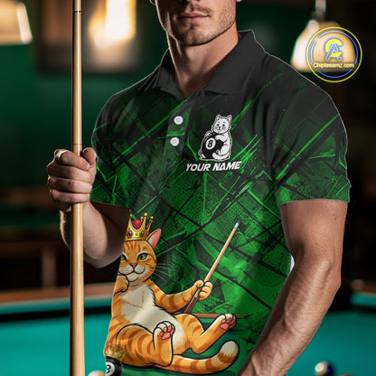 Funny Cat Crown 8 Ball Pool Billiard Shirts For Men Custom Green Grunge Billiard Polo & 1/4-Zip Jersey NYN3314