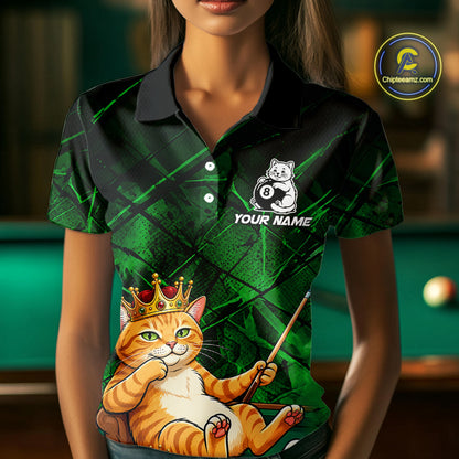 Funny Cat Crown 8 Ball Pool Billiard Shirts For Women Custom Green Grunge Billiard Polo & 1/4-Zip Jersey NYN3314
