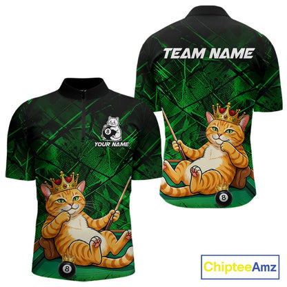 Funny Cat Crown 8 Ball Pool Billiard Shirts For Men Custom Green Grunge Billiard Polo & 1/4-Zip Jersey NYN3314