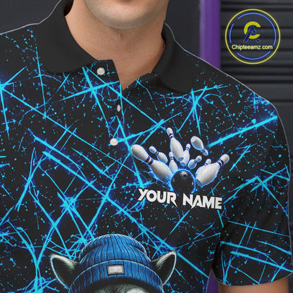 Male bowler wearing cool raccoon bowling jersey, neon blue lightning bowling shirt, personalized bowling team apparel