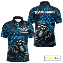 Load image into Gallery viewer, Funny cool raccoon bowling ball men's bowling polo shirt, neon blue lightning bowling jersey, custom bowling team shirt, personalized bowling apparel, bowling league uniform