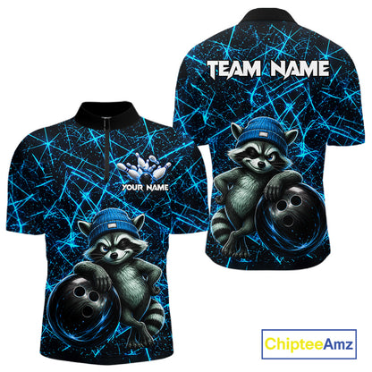 Funny cool raccoon bowling ball men's bowling quarter-zip shirt, neon blue lightning bowling jersey, custom bowling team apparel