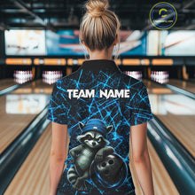 Load image into Gallery viewer, Female bowler wearing cool raccoon bowling jersey, neon blue lightning bowling shirt, personalized bowling team apparel