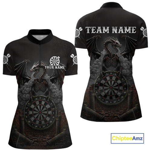 Skeleton Dragon Grey Smokes Cracked Darts League Shirt Custom Dragon Women 1/4-Zip Darts Jersey NYN2039
