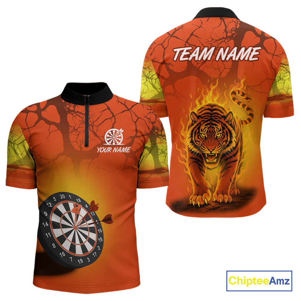Flaming Tiger Orange Pattern Dartboard Darts Shirt For Men - Custom Name NYN0357