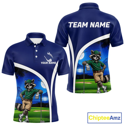 Blue polo shirt with raccoon character and customizable text on a white background