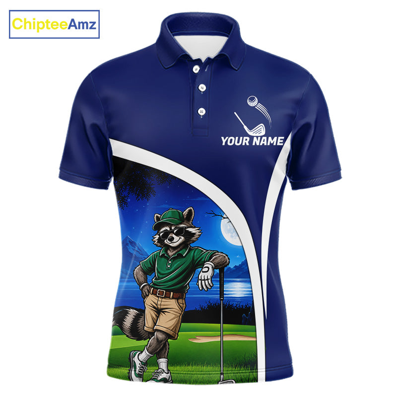 Blue polo shirt with raccoon graphic and customizable text on a white background