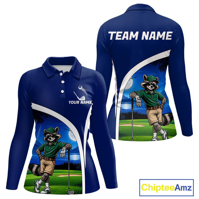 Blue polo shirt with raccoon graphic and customizable text on a white background