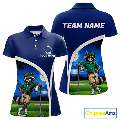 Blue polo shirt with cartoon raccoon design on a golf course, customizable text.