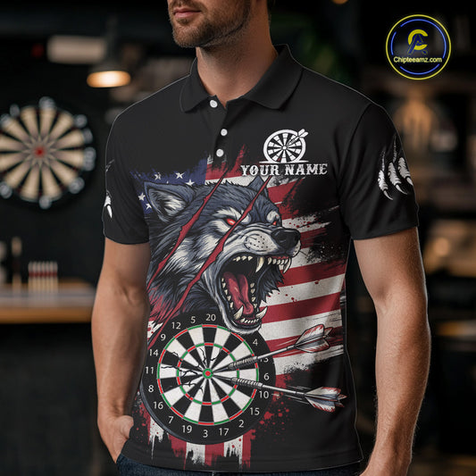 Wolf US Flag Grunge Darts Polo Shirt For Men Custom Name & Team Patriotic Dart League Shirt NYN2052