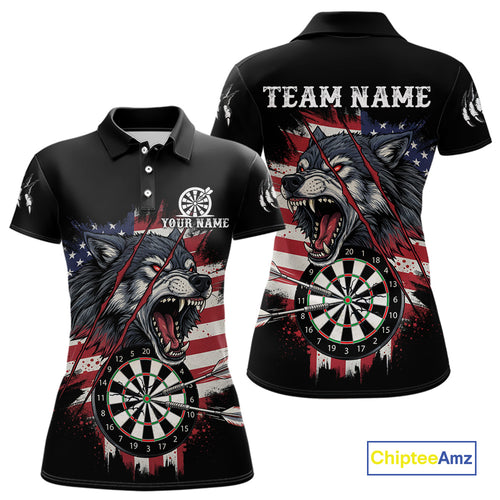 Fire American Flag Darts Polo Shirt For Women Custom Name & Team Patriotic Dart League Shirt NYN2053