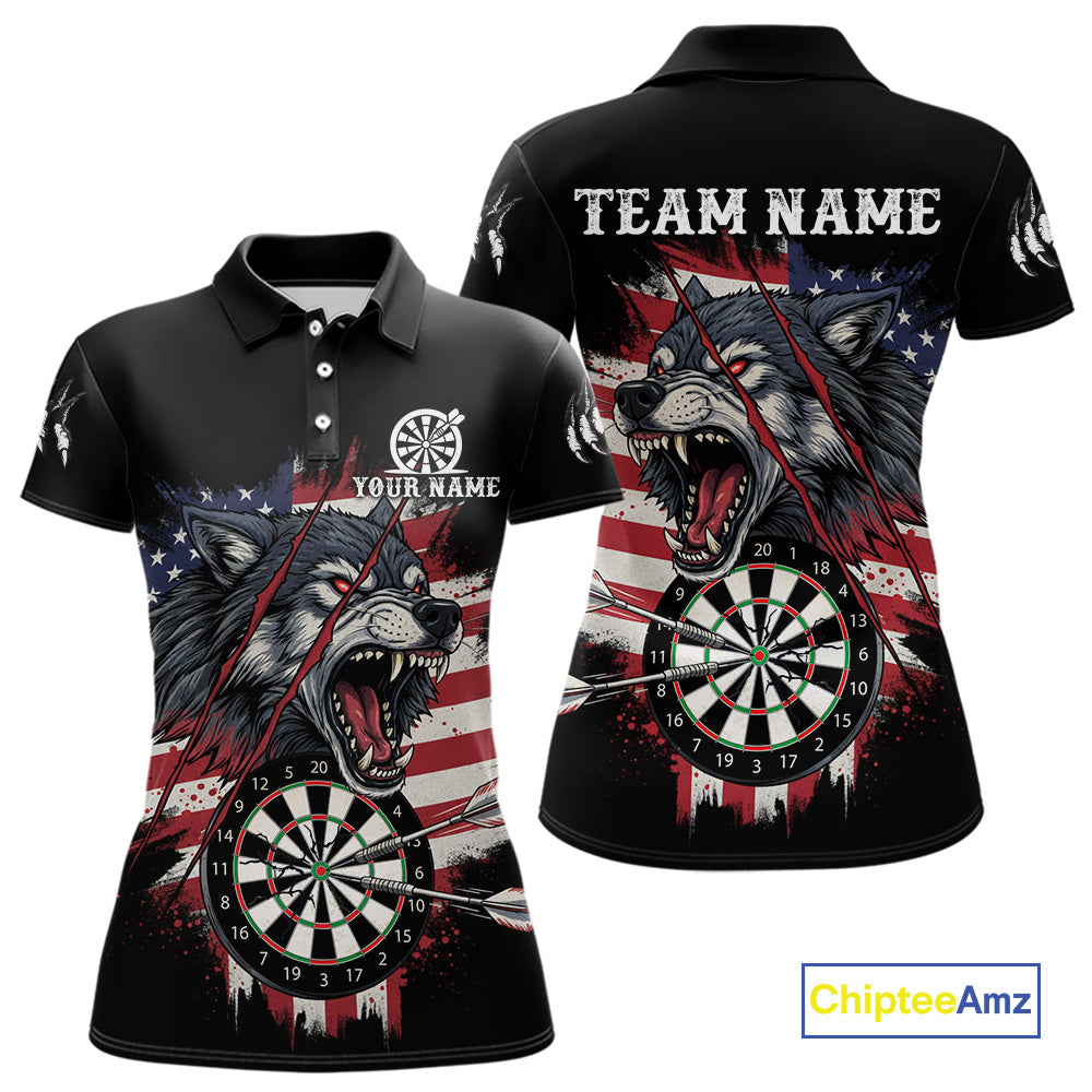 Fire American Flag Darts Polo Shirt For Women Custom Name & Team Patriotic Dart League Shirt NYN2053