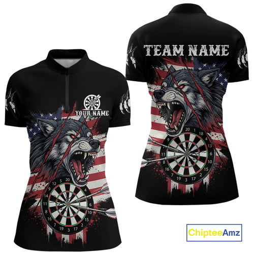 Wolf US Flag Grunge Darts Quarter-Zip Shirt For Women Custom Name & Team Patriotic Dart League Shirt NYN2052