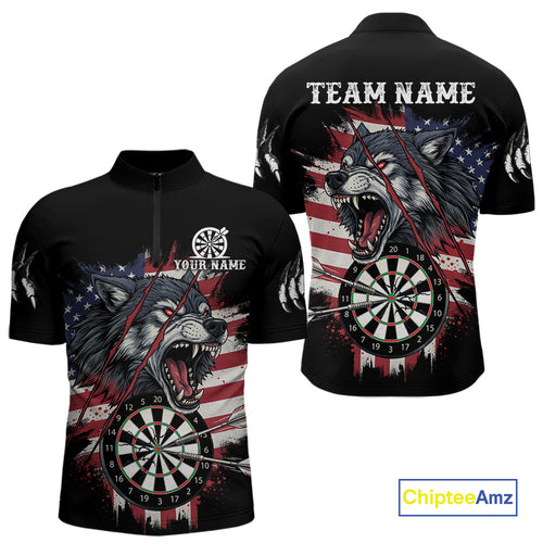 Wolf US Flag Grunge Darts Quarter-Zip Shirt For Men Custom Name & Team Patriotic Dart League Shirt NYN2052