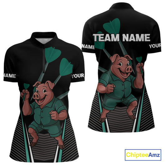 Darts Master Pig In Green Funny Darts Shirt For Women - Custom Team & Player Name NYN0363