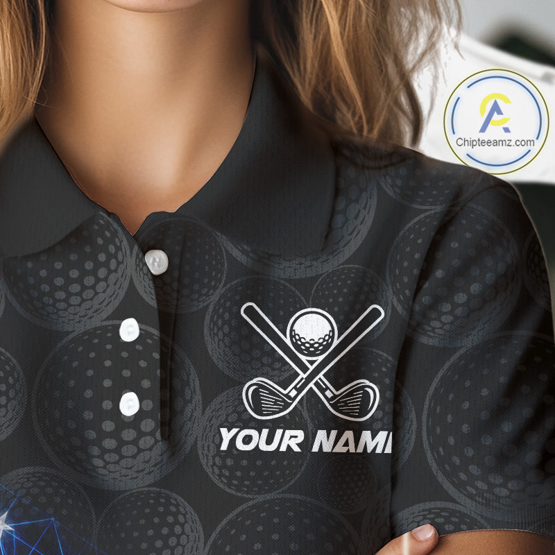 Womens Lightning US Flag Golf Polo Shirts Custom Black Golf Ball America Golf Shirt NYN3328