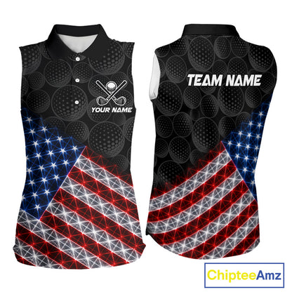 Lightning American flag golf polo shirt for women black golf ball design