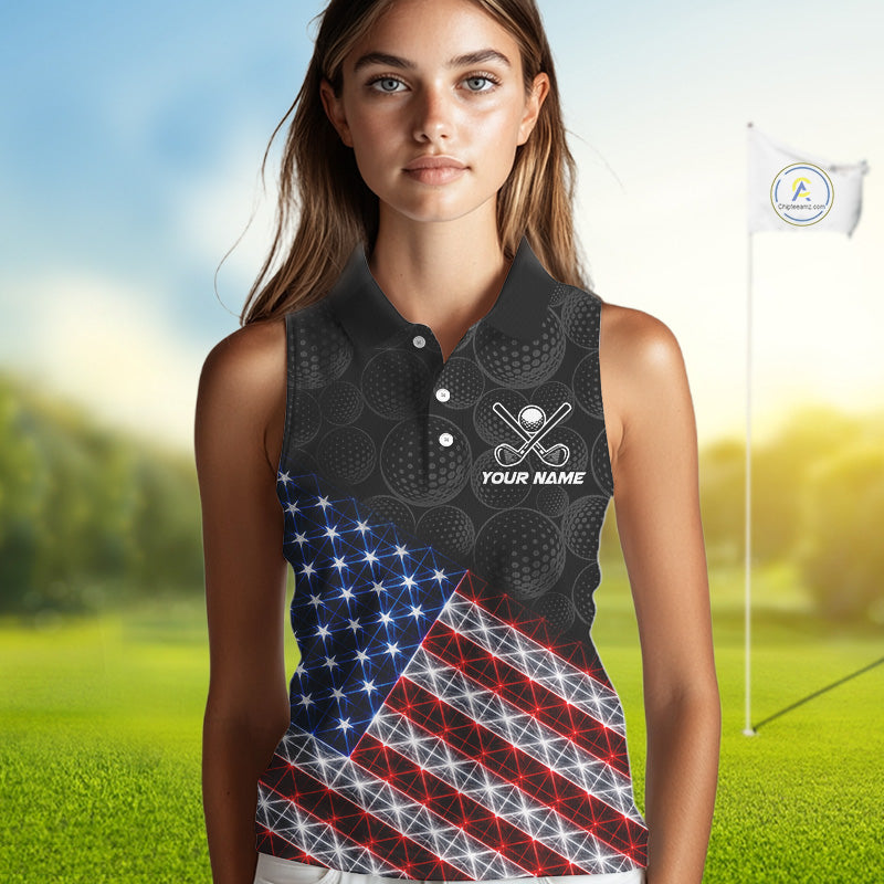 Womens Lightning US Flag Golf Polo Shirts Custom Black Golf Ball America Golf Shirt NYN3328