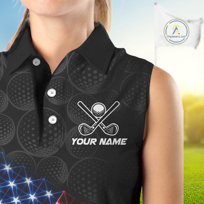 Black sleeveless golf shirt with golf ball and club design, customizable text.