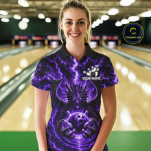 Load image into Gallery viewer, Female bowler wearing Purple Thunder Dragon bowling jersey personalized custom bowling league uniform
