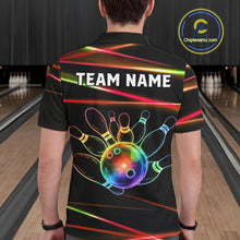 Load image into Gallery viewer, Male bowler wearing Orange and Green Neon rainbow bowling jersey, custom bowling team shirt, colorful bowling league apparel