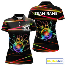 Load image into Gallery viewer, Orange and Green Neon women's bowling polo shirt custom colorful rainbow bowling team jersey, personalized bowling league uniform, custom name bowling shirt, performance bowling apparel