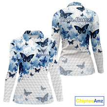 Load image into Gallery viewer, White &amp; Blue Butterflies Womens Golf Polo Shirt Custom Watercolor Golf Shirts Golf Attire NYN3155