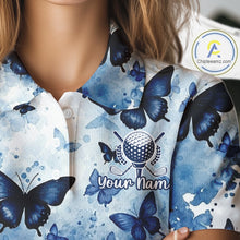 Load image into Gallery viewer, White &amp; Blue Butterflies Womens Golf Polo Shirt Custom Watercolor Golf Shirts Golf Attire NYN3155