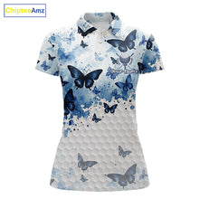 Load image into Gallery viewer, White &amp; Blue Butterflies Womens Golf Polo Shirt Custom Watercolor Golf Shirts Golf Attire NYN3155