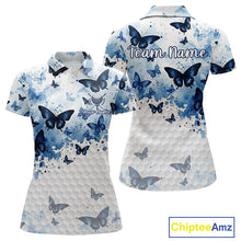 Load image into Gallery viewer, White &amp; Blue Butterflies Womens Golf Polo Shirt Custom Watercolor Golf Shirts Golf Attire NYN3155