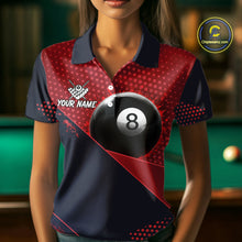 Load image into Gallery viewer, Female billiard player wearing Red Splash 8 Ball custom billiard jersey