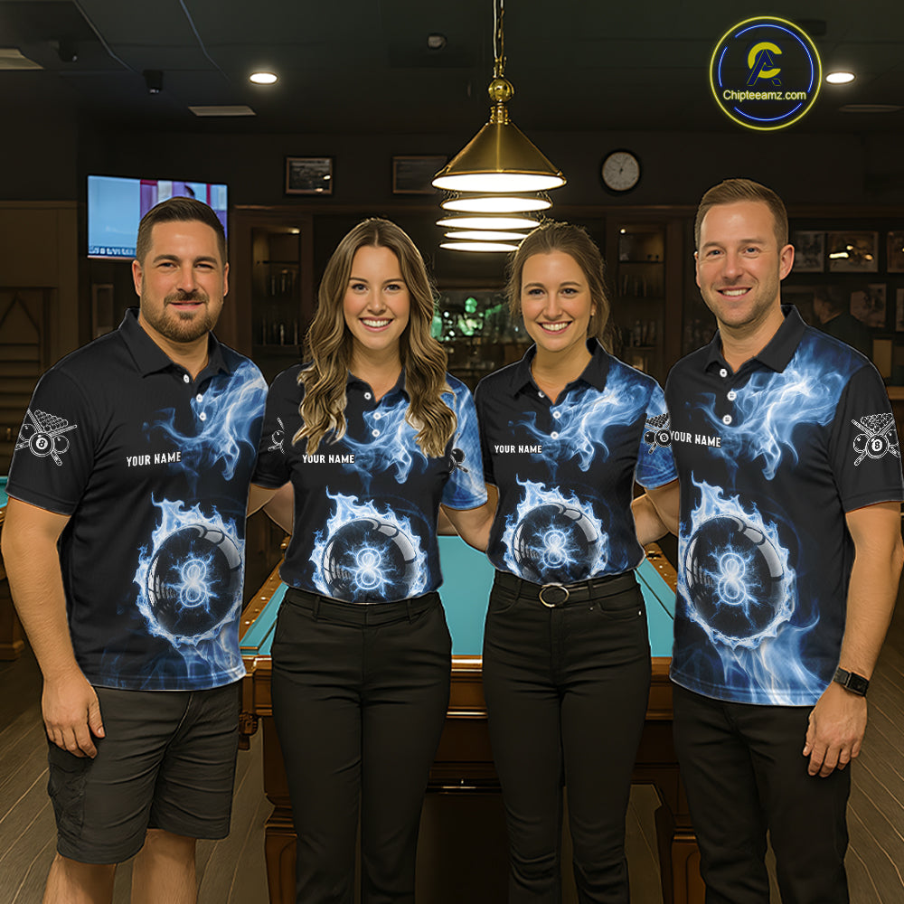 Blue Flaming Pool Billiard Shirts For Women Custom Light Ball 8 Billiard Team Jerseys NYN2300