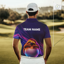Load image into Gallery viewer, Male golfer wearing funny sloth golf polo with neon glow, perfect for golf outings, Father's Day gifts and relaxed golf lifestyle.