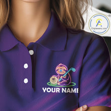 Load image into Gallery viewer, Female golfer wearing adorable sloth golf polo, unique golf apparel for ladies golf league, golf vacations and animal lovers.