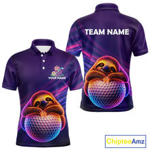 Load image into Gallery viewer, Men's funny golf polo featuring cute sloth with glowing purple neon artwork, personalized golf apparel for golf gifts, men's golf leagues, casual golfers and animal lovers, representing relaxation, humor and positive energy.