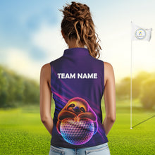 Load image into Gallery viewer, Female golfer wearing adorable sloth golf polo, unique golf apparel for ladies golf league, golf vacations and animal lovers.