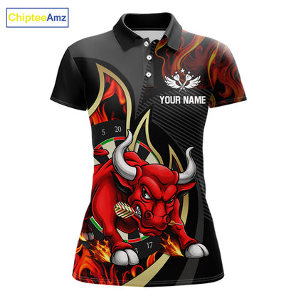 DartsPersonalized Bull Red Flames Darts Polo & 1/4-Zip Shirt For Women Funny Dart Team Dart Jerseys NYN2962