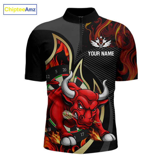 Personalized Bull Red Flames Darts Polo & 1/4-Zip Shirt For Men Funny Dart Team Dart Jerseys NYN2962