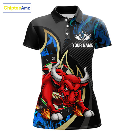 Personalized Bull Blue Flames Darts Polo & 1/4-Zip Shirt For Women Funny Dart Team Dart Jerseys NYN2963