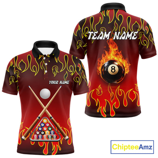 Custom Fire Flame 8 Ball Men's Billiard Shirts Personalized Billiard Attire Gifts | Red NYN2321