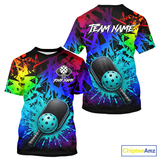 Teal splatter pickleball ball and paddles tshirt for men colorful pickleball clothing