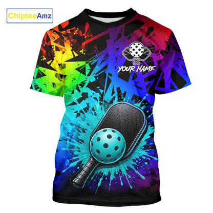 Teal splatter pickleball ball and paddles tshirt for men colorful pickleball clothing