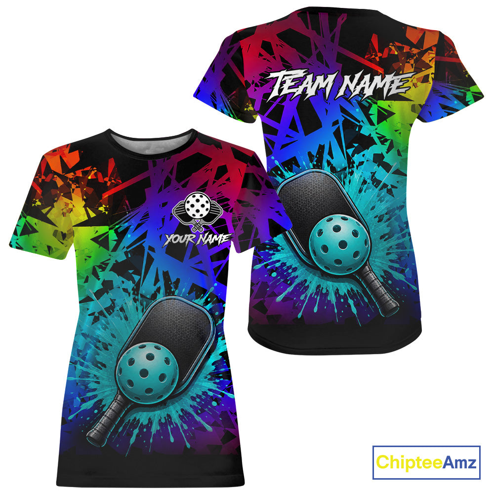 Teal splatter pickleball ball and paddles tshirt for women colorful pickleball clothing