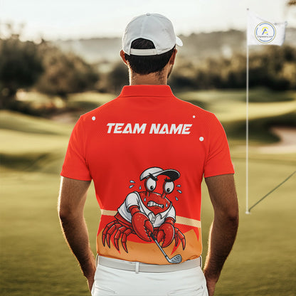 Male golfer wearing Red Crab golf polo, performance golf clothing, golf club uniform, golf tournament apparel