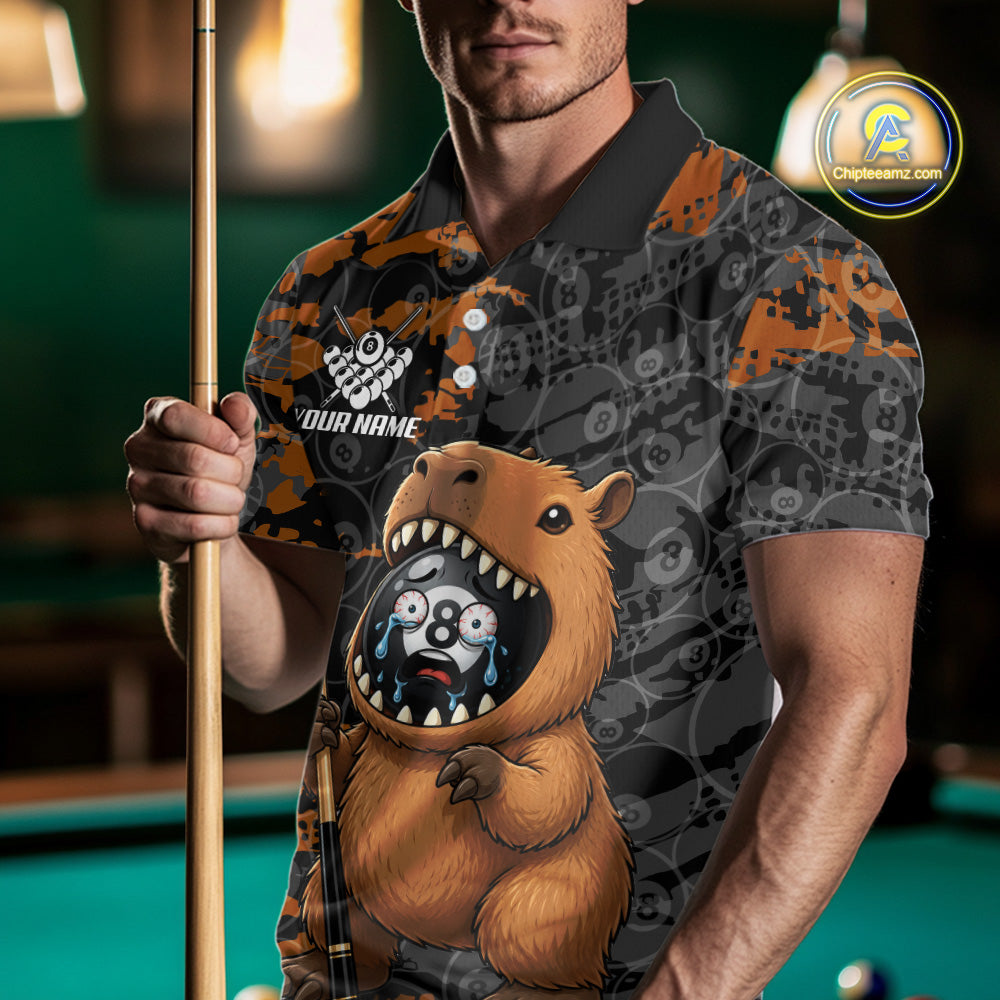 Male model wearing Funny Capybara pool polo, novelty billiards jersey, tournament fashion
