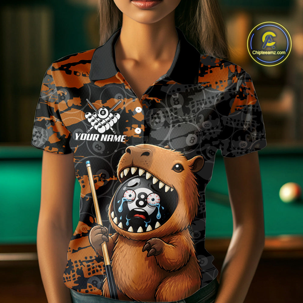 Female model wearing Funny Capybara billiard polo, cute animal sportswear, personalized league apparel, relaxed lifestyle
