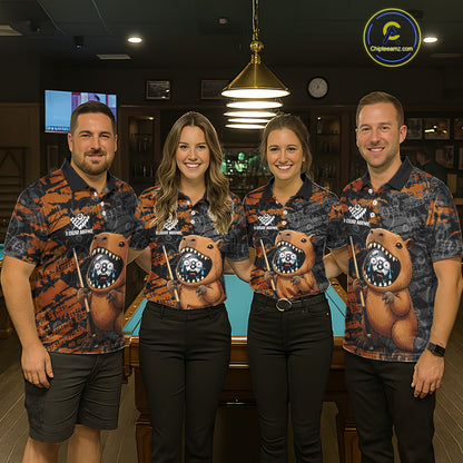 Pool team wearing matching Capybara billiard jerseys, funny team uniforms, animal lovers, gaming, bowling, golf, darts community