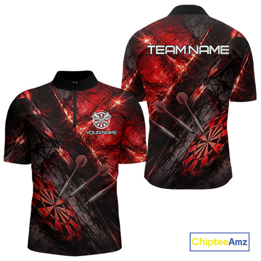 Personalized Black & Red Grunge Dartboard & Arrow Men Darts Quarter-Zip Shirt Custom Dart Team Jersey NYN2618